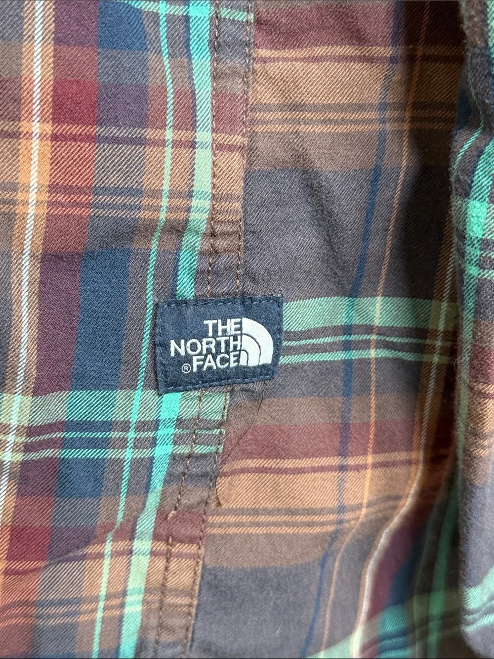 Mens The North Face Button Up Shirt Blue Brown Turquoise Plaid Size X-Large